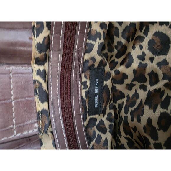 Nine West Brown Croc Embossed Studded Satchel | Leopard Lining - Picture 4 of 5